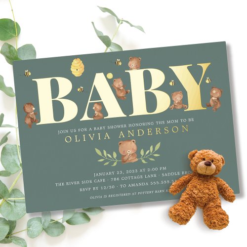 Green Honey Bear Baby Shower Foil Invitation