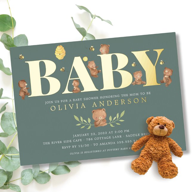 Green Honey Bear Baby Shower Foil Invitation (Creator Uploaded)