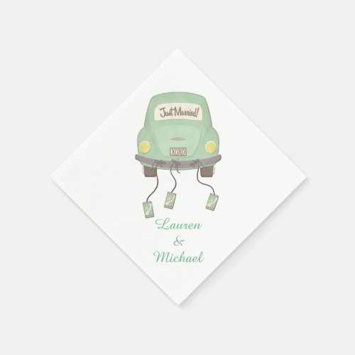 Green Honeymoon Car Wedding Paper Napkins