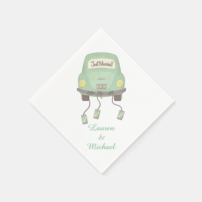 Green Honeymoon Car Wedding Paper Napkins (Corner)