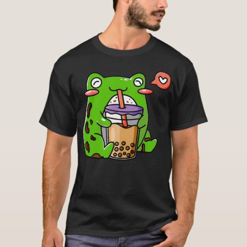 Green Horned Frog Drinking Boba Tea T_Shirt