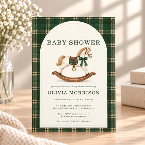 Equestrian Green Gingham or plaid baby shower invitation