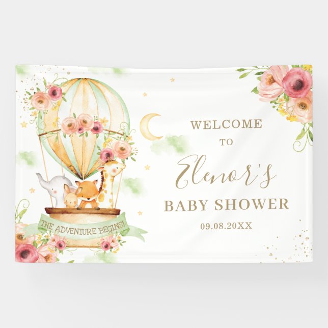 Green Hot Air Balloon Animal Baby Shower Backdrop Banner (Horizontal)