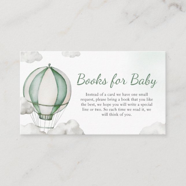 Green Hot Air Balloon Baby Shower Books for Baby Enclosure Card (Front)