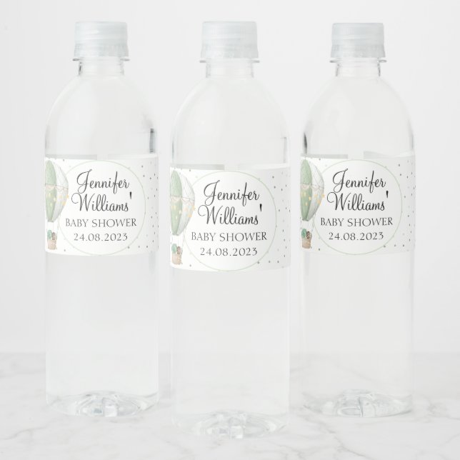 Green hot air balloon baby shower bottle labels (Bottles)