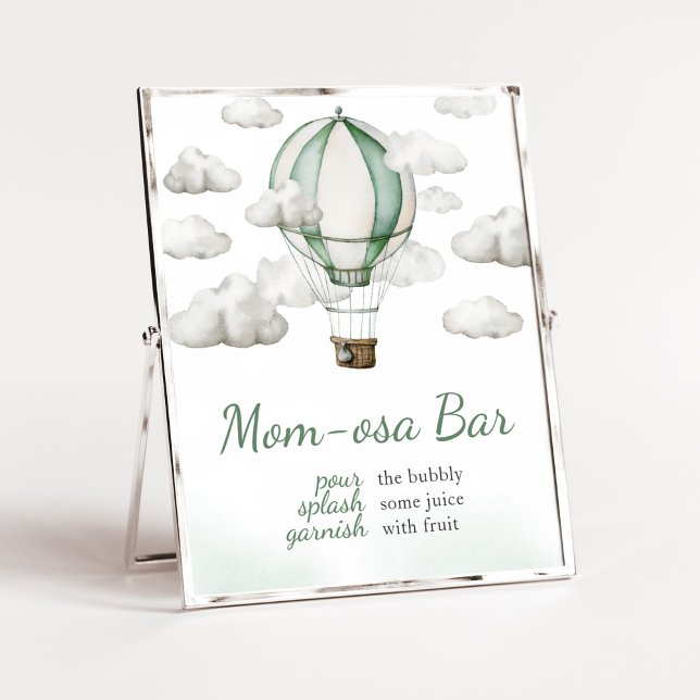 Green Hot Air Balloon Baby Shower Mom Osa Bar Poster (Gender Neutral Travel Baby Shower Mom Osa Bar Sign)