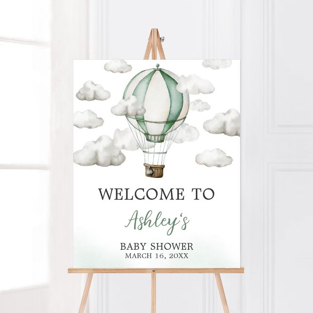 Green Hot Air Balloon Baby Shower Welcome Poster (Gender Neutral Travel Baby Shower Welcome Sign)