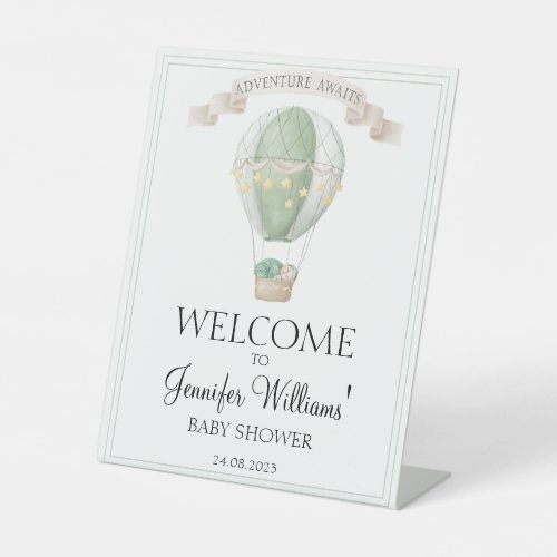 Green hot air balloon baby shower welcome sign