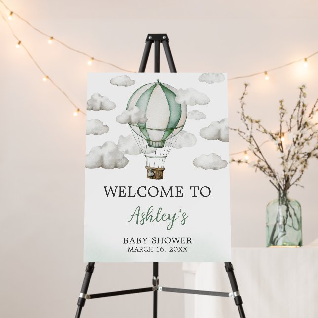 Green Hot Air Balloon Baby Shower Welcome Sign (In Situ (Stand))