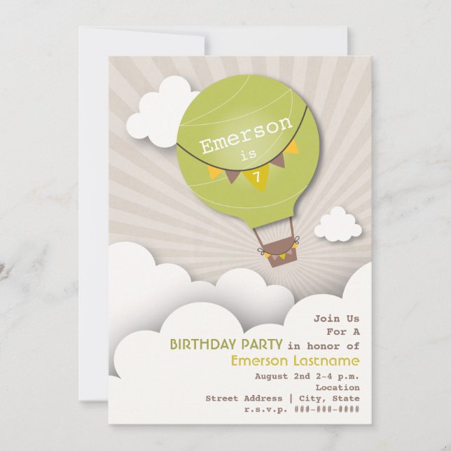 Green Hot Air Balloon & Clouds Kids' Birthday Invitation (Front)
