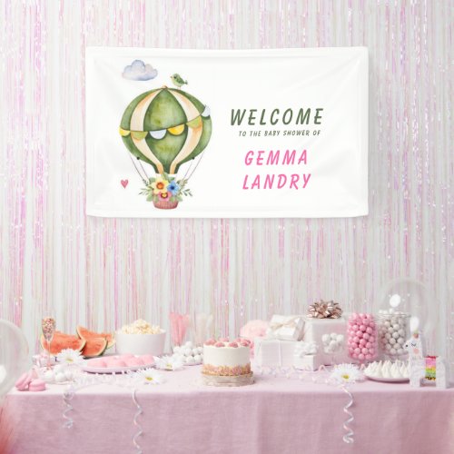 Green Hot Air Balloon Girl Baby Shower Welcome Banner