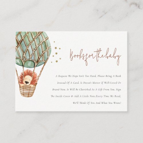 Green Hot Air Balloon Lion Books for Baby Shower Enclosure Card