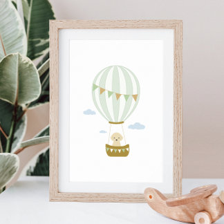 Green Hot Air Balloon with Puppy Nursery Poster