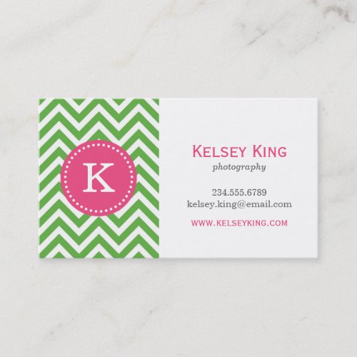 Green &amp; Hot Pink Chevron Custom Monogram Business Card Templates