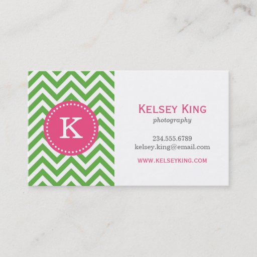 Customizable Green &amp; Hot Pink Chevron Custom Monogram Business Card Templates