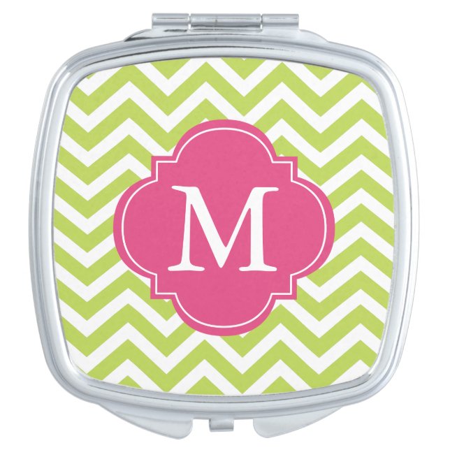 Green & Hot Pink Zigzag Pattern Monogram Mirror For Makeup (Front)