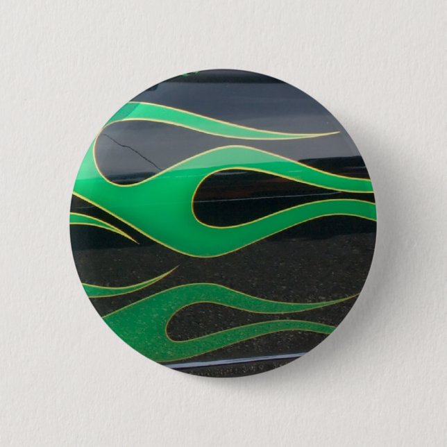 green hotrod flames on black pinback button (Front)