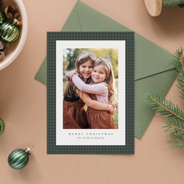Green houndstooth frame classic Christmas photo Holiday Card (Creator Uploaded)
