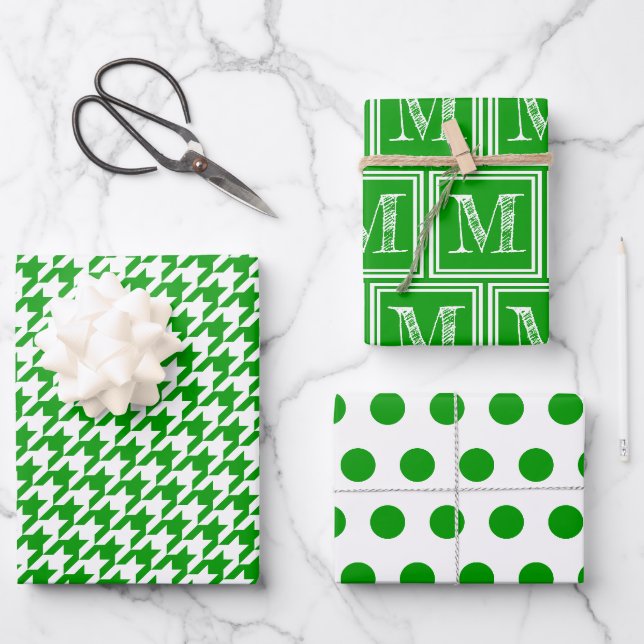 Green Houndstooth Monogram Polka Dot Wrapping Paper Sheets (Front)