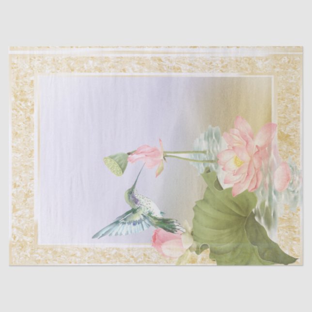 Green Hummingbird and Pink Flower Decoupage Tissue Paper (Front)