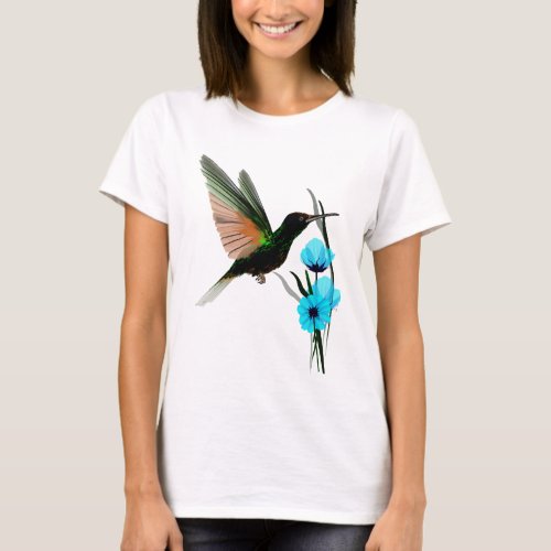 Green Hummingbird_Blue Flowers Shirts