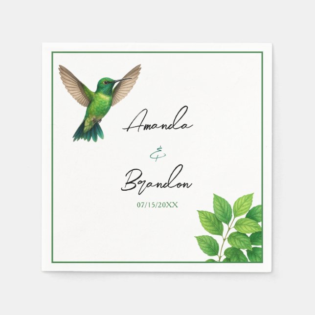 Green Hummingbird Leafy Botanical Border Wedding Napkins (Front)