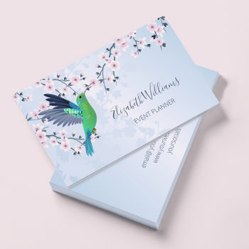 Green Hummingbird Pink Cherry Blossom   Business Card by NinaBaydur at Zazzle