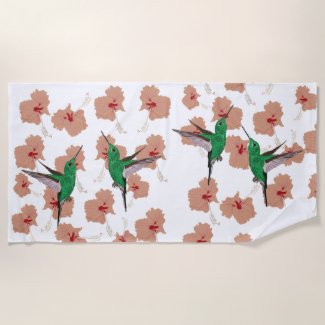 Green Hummingbird Pink Hibiscus Flowers Beach Towel