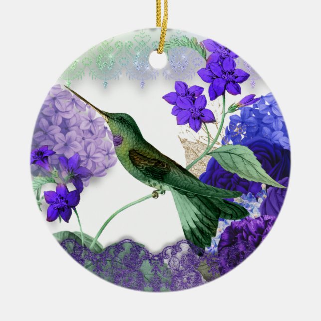 Green Hummingbird, Serenity Prayer, purple florals Ceramic Ornament (Front)