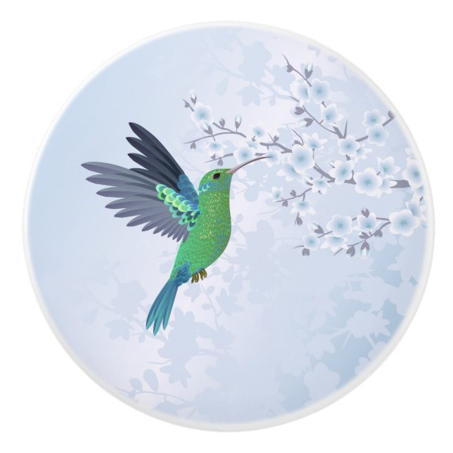 Green Hummingbird With Blue Cherry Blossom Ceramic Knob (Front)