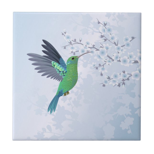 Green Hummingbird With Blue Cherry Blossom Ceramic Tile (Front)