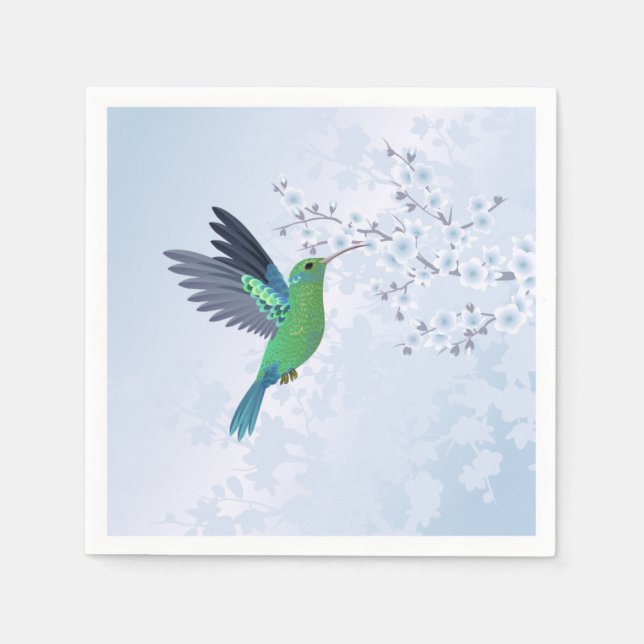 Green Hummingbird With Blue Cherry Blossom Napkins (Front)