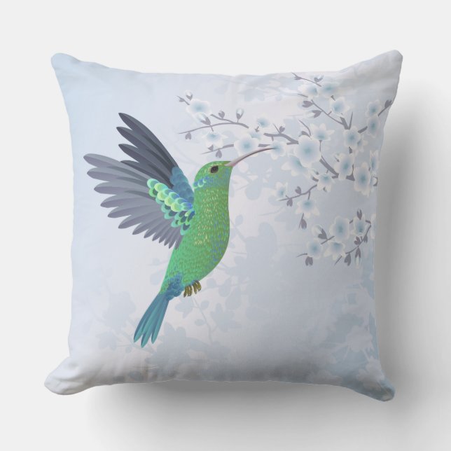 Green Hummingbird With Blue Cherry Blossom Outdoor Pillow (Front)