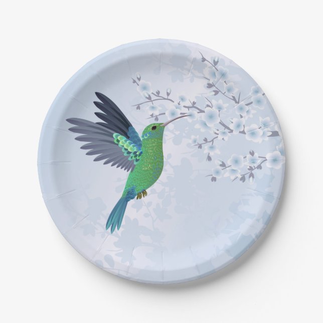 Green Hummingbird With Blue Cherry Blossom Paper Plates (Front)