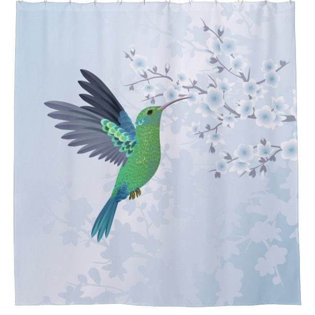Green Hummingbird With Blue Cherry Blossom Shower Curtain (Front)