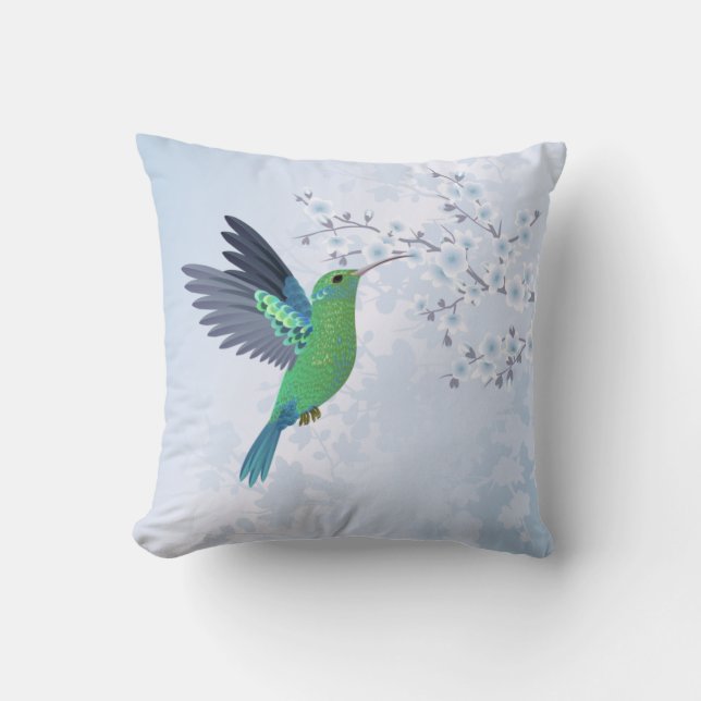 Green Hummingbird With Blue Cherry Blossom Throw Pillow (Front)