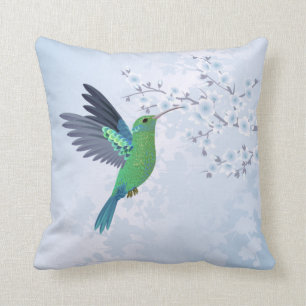 Green Hummingbird With Blue Cherry Blossom Throw Pillow