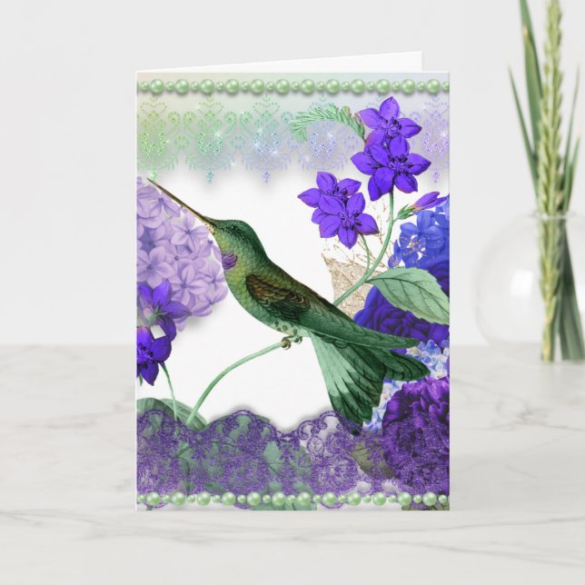 Green Hummingbird with flowers, lace, pearls card (Front)