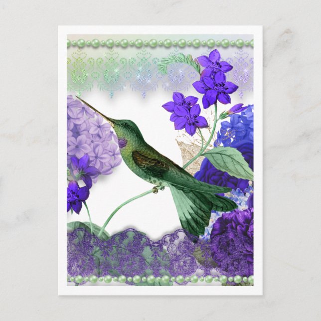 Green Hummingbird with flowers, lace, pearls Postcard (Front)