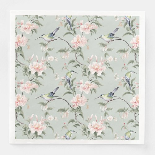 Green Hummingbirds With Pink Florals Paper Dinner Napkins