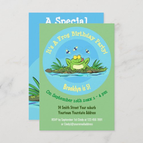 Green hungry frog cartoon birthday invitation