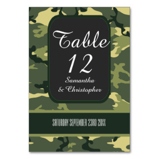 Green hunting or military camo wedding table number