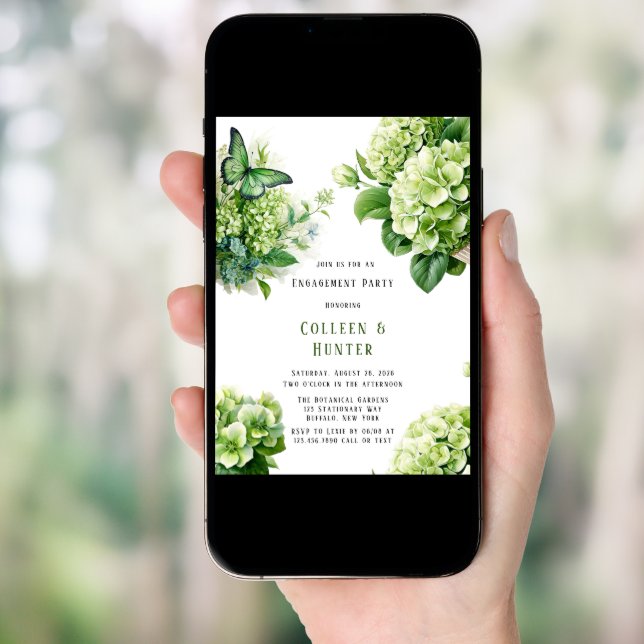 Green Hydrangea Butterfly Floral Engagement Party Invitation (Front Digital)