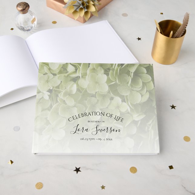 Green Hydrangea Celebration of Life Memorial Guest Book (Front Open)