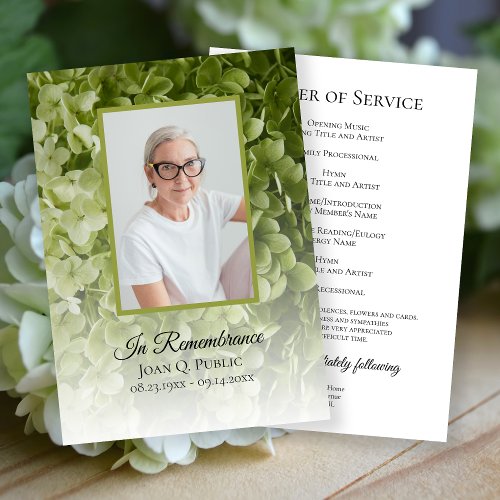Green Hydrangea Floral Funeral Memorial Service Program