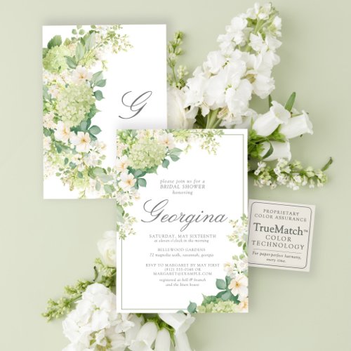 Green Hydrangea Floral Monogram Bridal Shower Invitation
