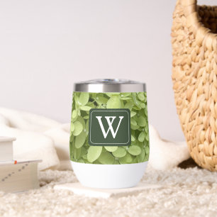 Green Hydrangea Floral Wedding Monogram Thermal Wine Tumbler