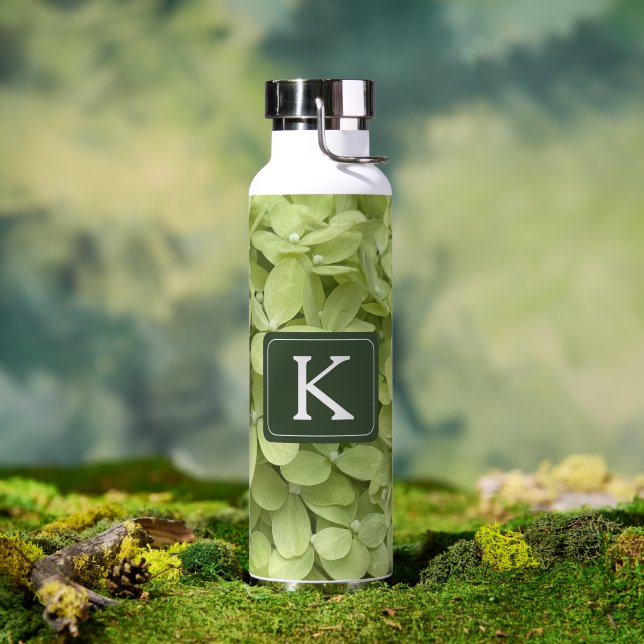 Green Hydrangea Floral Wedding Monogram  Water Bottle (Outdoor (Rotated))
