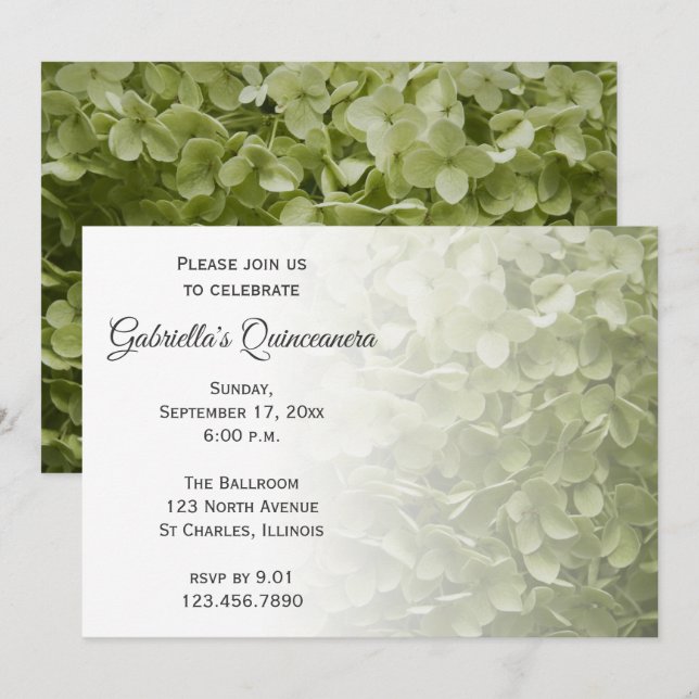 Green Hydrangea Flower Quinceanera Invitation (Front/Back)