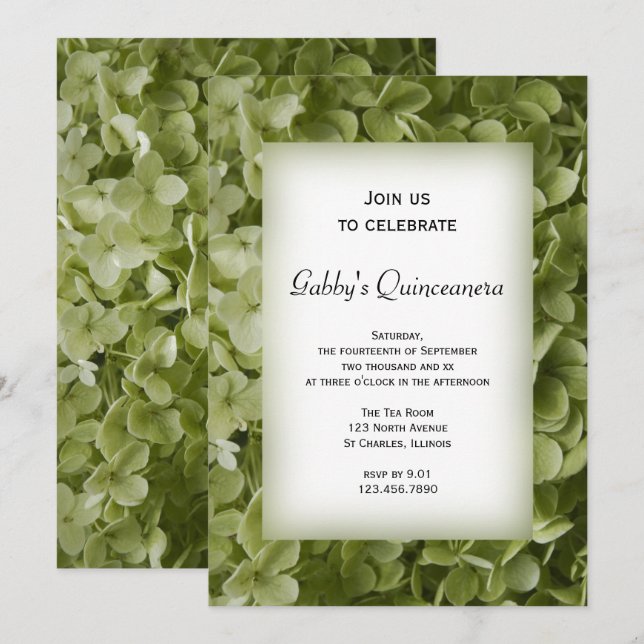 Green Hydrangea Flower Quinceanera Party Invitation (Front/Back)